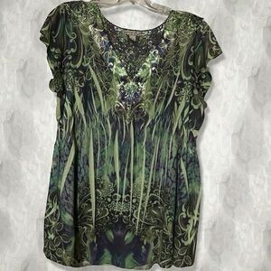 Energe World Wear Women’s Blouse Top Medium Green Purple Embellished Lace Boho